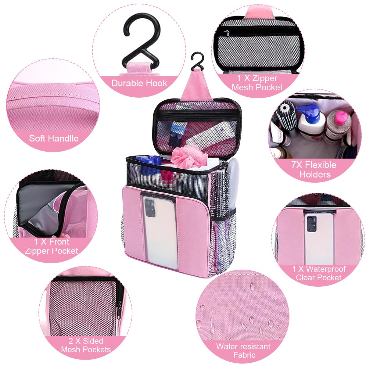 MAYCREATE Shower Bag, Portable Travel Shower Caddy Mesh Tote Bag with Phone Holder, Hanging Full Size Bottle Compatible Toiletry Bag, Pink MAYCREATE Shower Bag, Portable Travel Shower Caddy Mesh Tote Bag with Phone Holder, Hanging Full Size Bottle Compatible Toiletry Bag, Pink